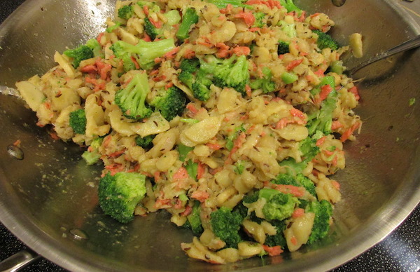 dinner of parsnips, broccoli, salmon, caraway seeds, salt, cooked in oil